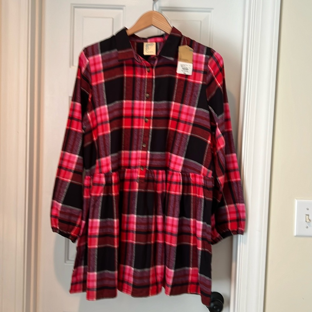 There Abouts Girls Plus pink plaid flannel dress